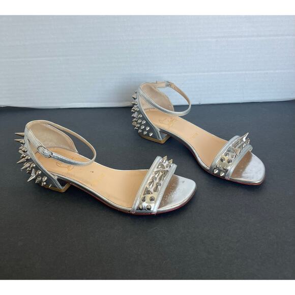 Christian Louboutin Silver Leather Druide Studded Ankle Strap Sandals Sz 5 - Picture 3 of 15